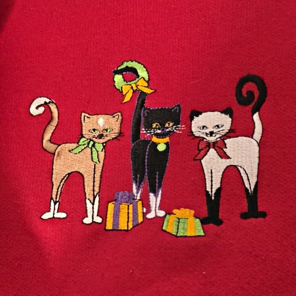 VTG 90s Christmas Cats Sweatshirt Red Size Large Embroidered Grandmacore